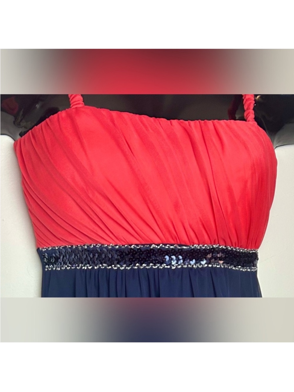 Enfocus Studio Red and Navy High-Low Spaghetti Strap Dress with Sequined Waist - Picture 5 of 8